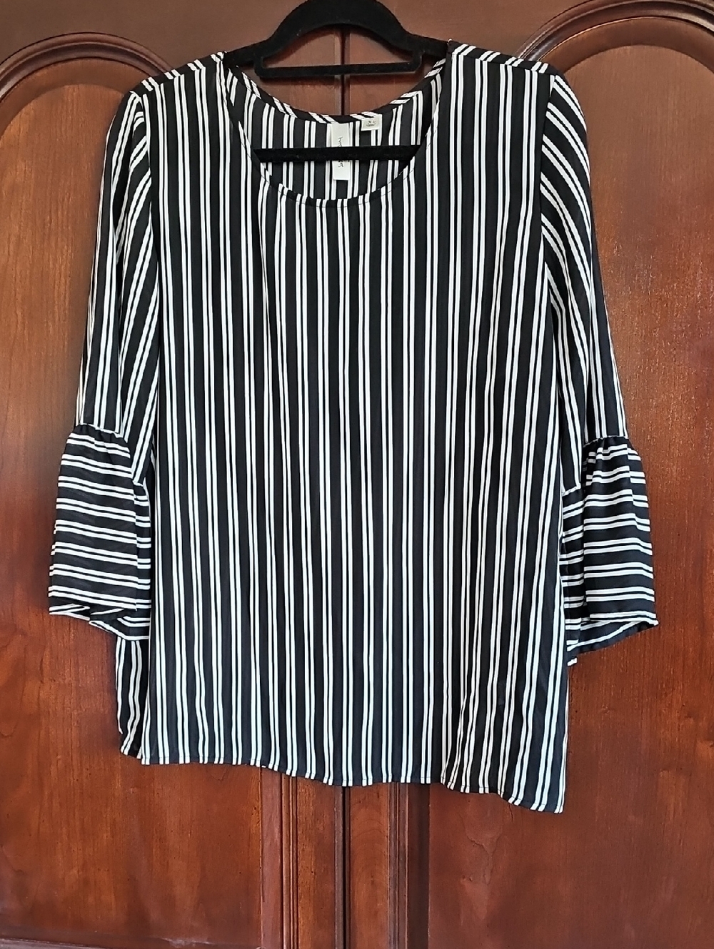 Tacera Black & White Vertical Stripe Bell Sleeve Top